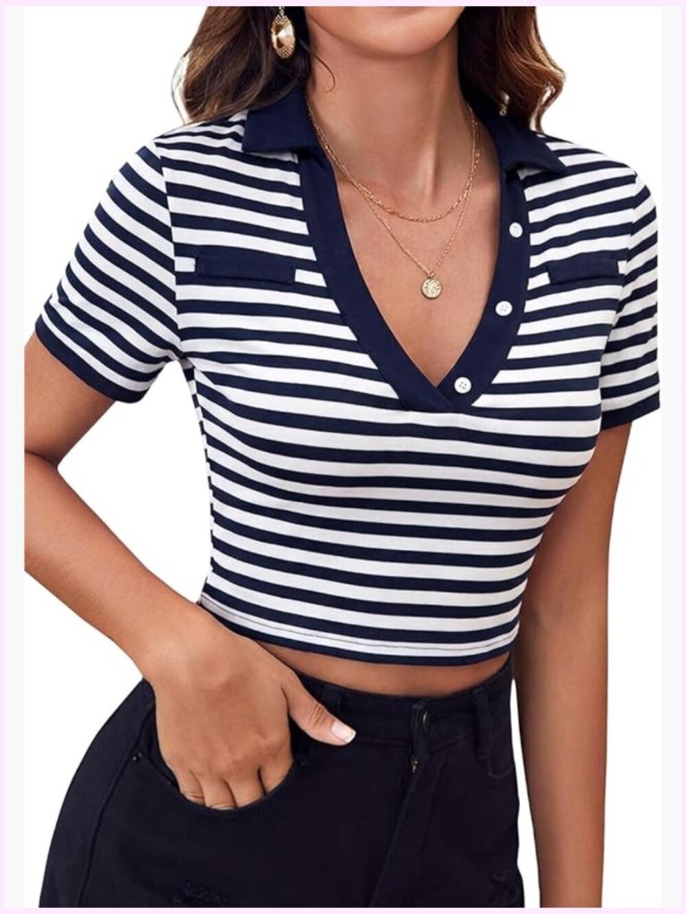Striped V-Neck Crop Top Polo Shirt with Collar
